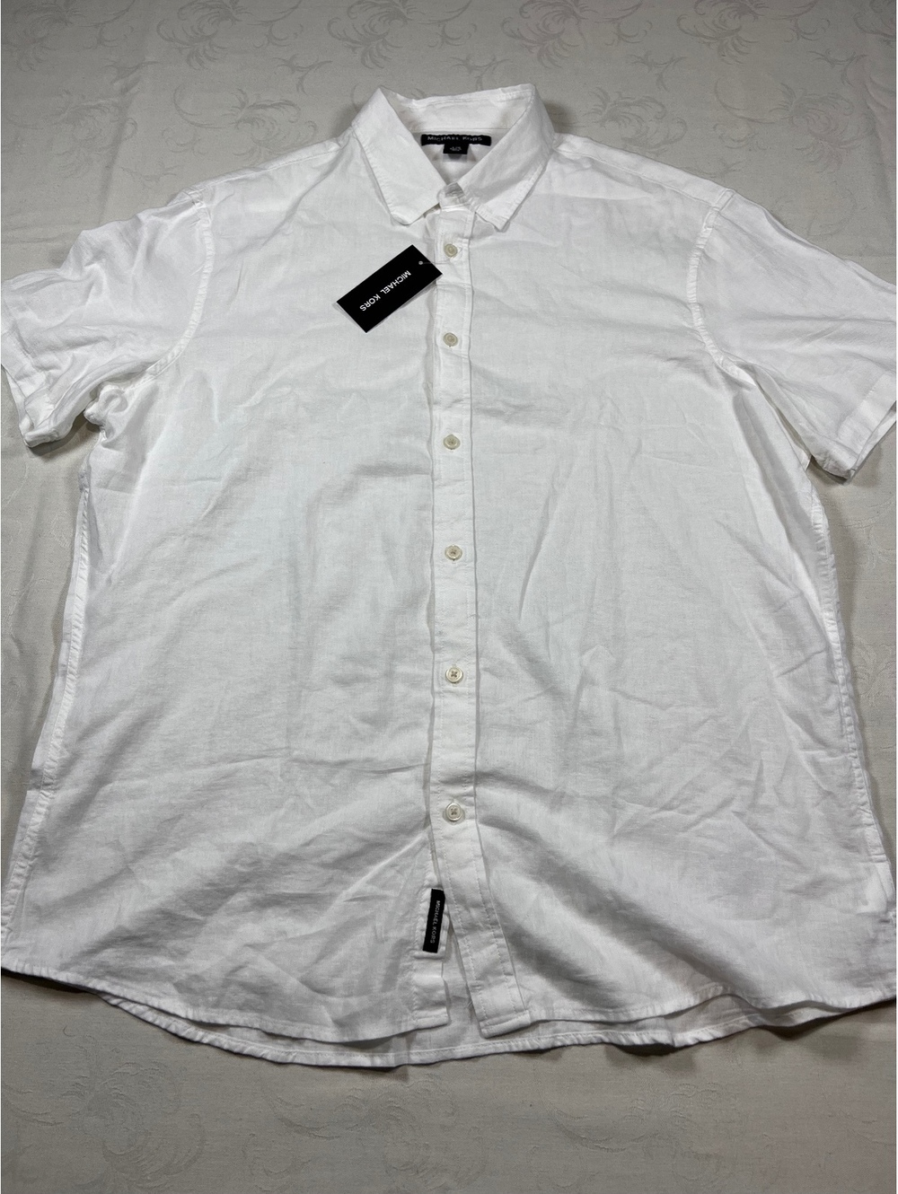 NEW $118 Michael Kors Linen Blend Short Sleeve Button Up White Shirt Size Large